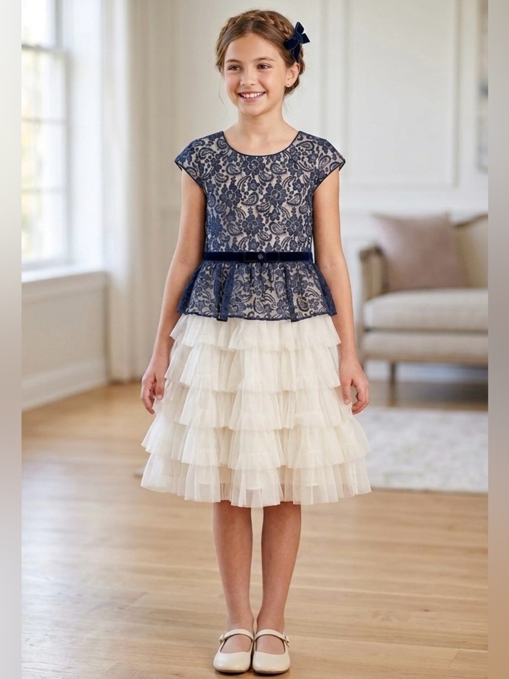 Jona Michelle Girls Sparkly Navy Blue & White Dress